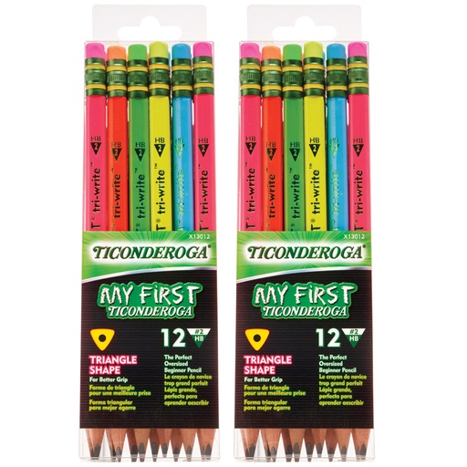 [13012-2 DIX] Ticonderoga® My First® Tri‑Write™ Wood‑Cased Pencils, Neon Assorted, 12/Pack (2 Packs),13/32" diameter, 24 pencils (2 packs of 12) 