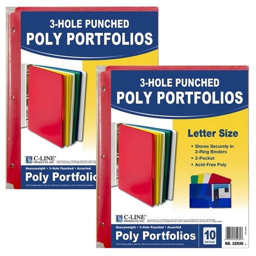 [32930-2 CL] Two-Pocket Heavyweight Poly Portfolio Folder with Three-Hole Punch, Assorted Primary Colors, 10 Per Pack, 2 Packs