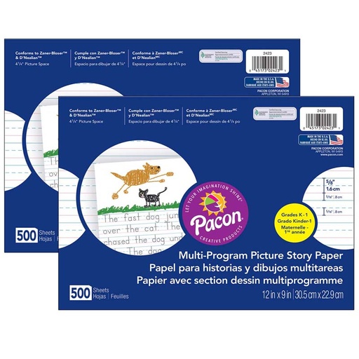 [2423-2 PAC] Multi-Program Picture Story Paper, 5/8" Ruled, White, 12" x 9", 500 Sheets Per Pack, 2 Packs