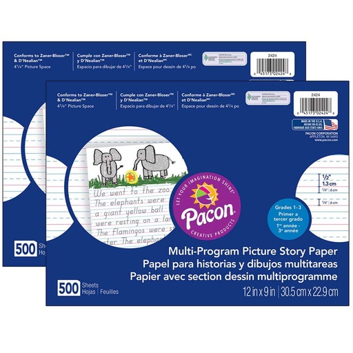 [2424-2 PAC] Multi-Program Picture Story Paper, 1/2" Ruled, White, 12" x 9", 500 Sheets Per Pack, 2 Packs