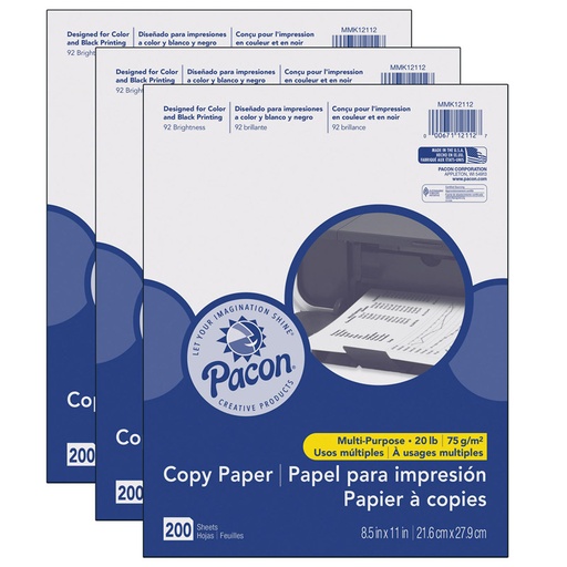 [MMK12112-3 PAC] Multi-Purpose Paper, White, 20 lb., 8-1/2" x 11", 200 Sheets Per Pack, 3 Packs