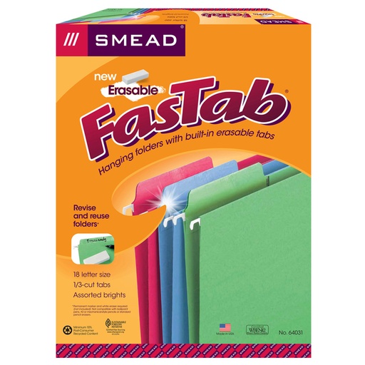 [64031 SMD] Erasable FasTab® Hanging File Folder, 1/3-Cut Built-In Tab, Letter Size, Assorted Colors, Box of 18