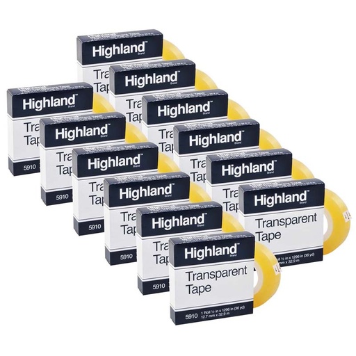 [591012X1296-12 MMM] 3M™ Highland™ Transparent Tape 5910, 1/2" × 1296", 1" Core (12 Rolls) — Bulk transparent tape for everyday classroom mending