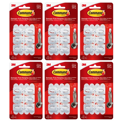 [17006ES3-6 MMM] 3M Command™ Command™ Mini Hooks, White, 6 Per Pack, 6 Packs