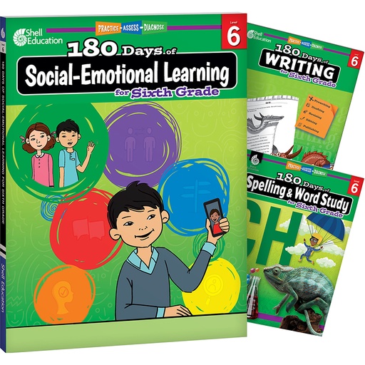 [147658 SHE] 180 Days Social-Emotional Learning, Writing, & Spelling Grade 6: 3-Book Set