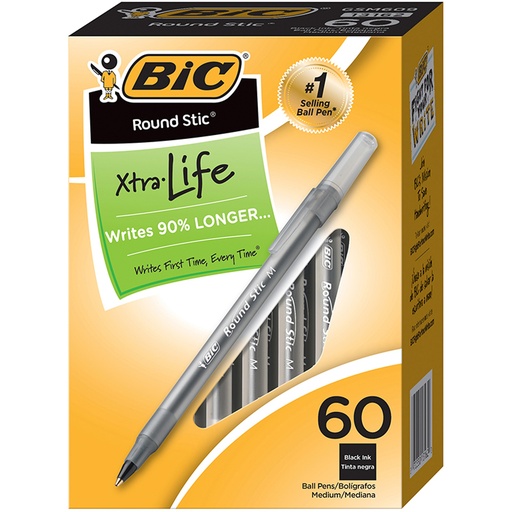 [GSM609BLK BIC] BIC® Round Stic® Xtra Life Ballpoint Pens — Black, 1.0 mm, 60/Box
