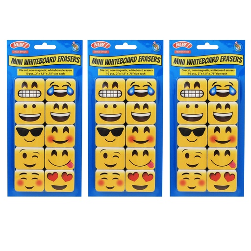 [78005-3 ASH] Ashley Productions® Non‑Magnetic Mini Whiteboard Erasers, Emotions Icons — 3 Packs (30 mini erasers)