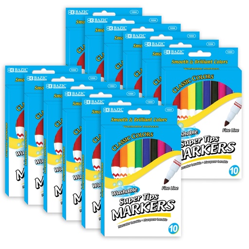 [1224-12 BAZ] 120 Super Tip Washable Markers in 10 Assorted Colors