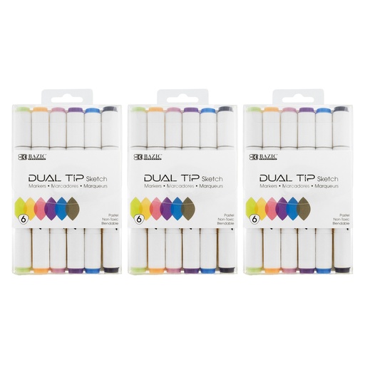 [1231-3 BAZ] 18 Dual Tip Sketch Markers in 6 Pastel Colors