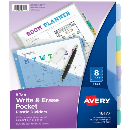 [16177 AVE] Avery® Write & Erase Plastic Dividers with Pockets, 8‑Tab,letter size 8.5" x 11" (wide/tabbed), 1 set (8 tabs) 