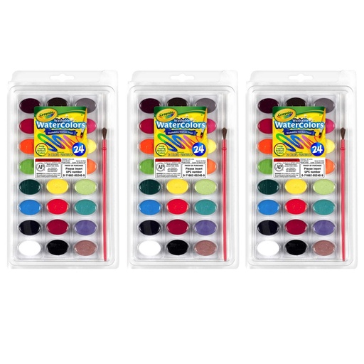 [530524-3 BIN] 24 Color Washable Watercolor Pans with Plastic Handled Brush 3ct