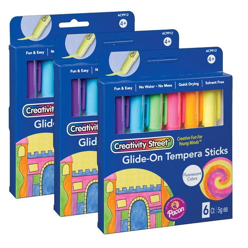 [AC9912-3 PAC] 18 Fluorescent Glide-On Tempera Paint Sticks in 6 Colors