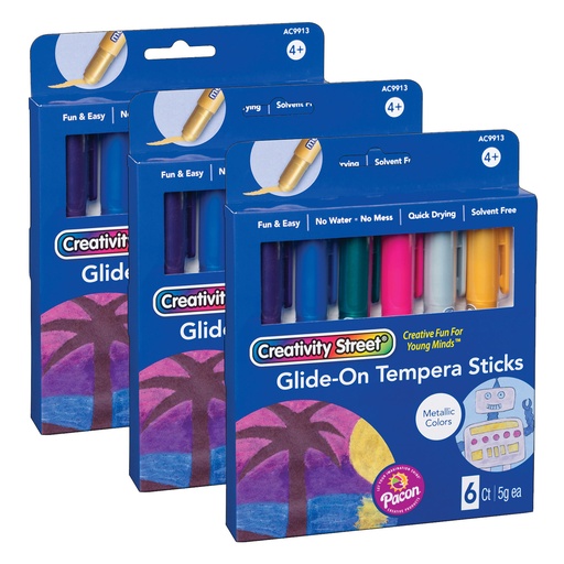 [AC9913-3 PAC] 18 Metallic Glide-On Tempera Paint Sticks in 6 Colors