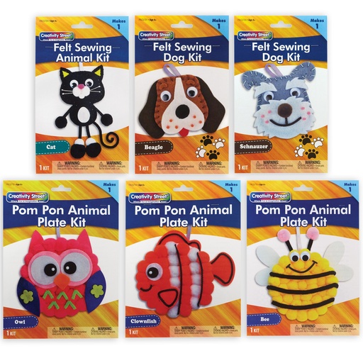[ACANMKIT2 PAC] Felt & Pom Pon Animal Craft Kits: Schnauzer, Beagle, Cat, Bee, Clownfish & Owl