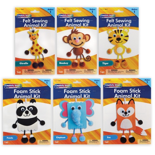 [ACANMKIT3 PAC] Felt & Foam Animal Craft Kits: Giraffe, Monkey, Tiger, Panda, Elephant & Fox