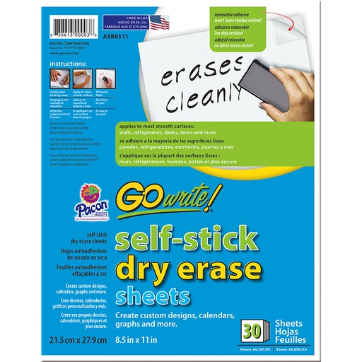 [ASB8511 PAC] White 8.5" x 11" Self-Adhesive Dry Erase Sheets 30 Sheets