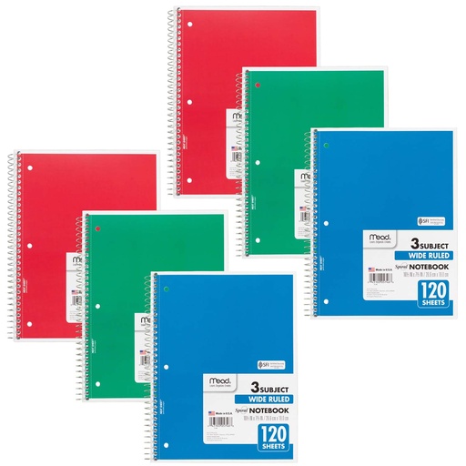 [05746-6 MEA] Spiral 3 Wide Ruled Subject Notebook Pack of 6