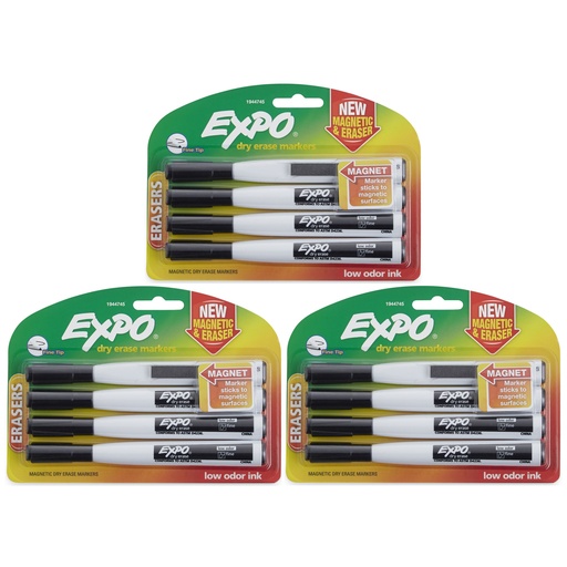 [1944745-3 SAN] Black Magnetic Fine Tip Dry Erase Markers with Eraser 12ct