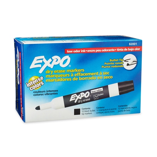 [82001BX SAN] EXPO® Low‑Odor Dry Erase Markers — Black, Bullet Tip, 12/Box