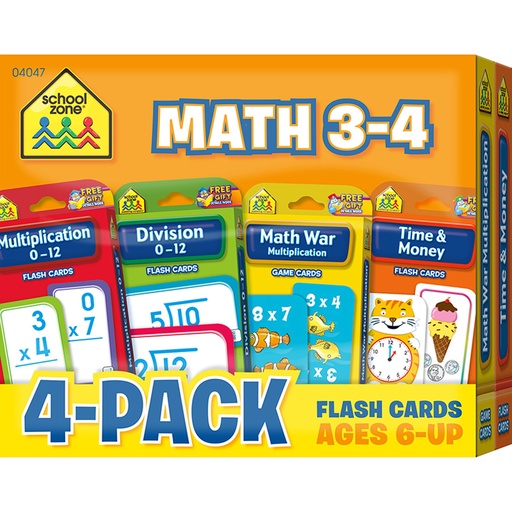 [04047 SZP] School Zone® Math 3–4 Flash Cards, 4‑Pack,Standard flash‑card size, 4 decks 