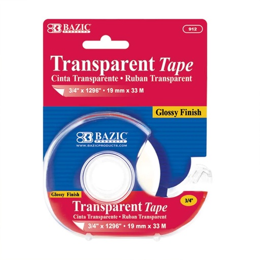 [912 BAZ] BAZIC® Products Transparent Tape with Dispenser — 3/4" × 1296", Gloss Finish — Crystal-clear general purpose tape with its own handheld dispenser