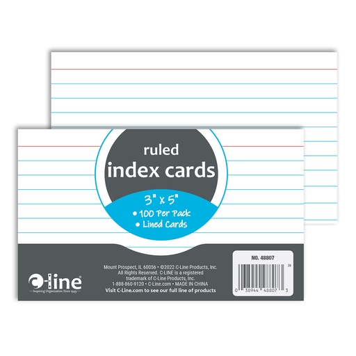 [48807 CL] C‑Line Index Cards, White, 3" × 5" Ruled Front/Blank Back, 100/Pack