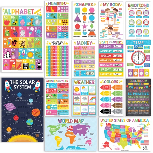 [1019 HDD] Colorful Preschool Educational Laminated Posters For Toddlers, Set of 16