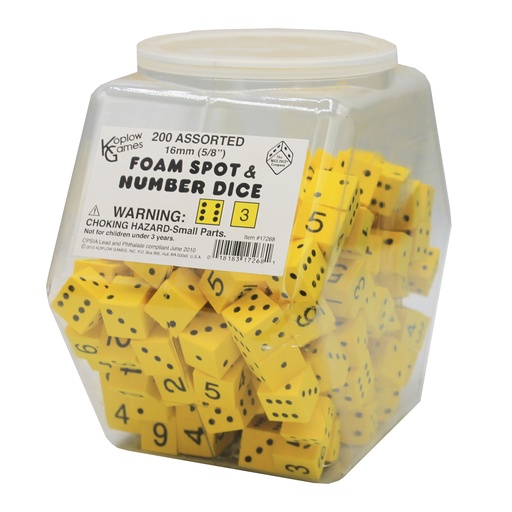 [17268 KOP] Yellow 16mm Foam Spot & Number Dice Tub of 200