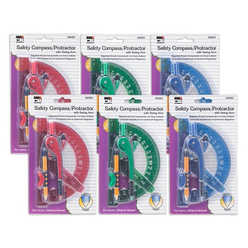 [809656 AVT] Compass Safety and 6" Swing Arm Protractor Assorted Colors 6ct