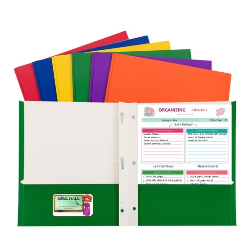 [06420DS CL] Assorted Primary Colors 2-Pocket Laminated Paper Folder with Prongs Pack of 50