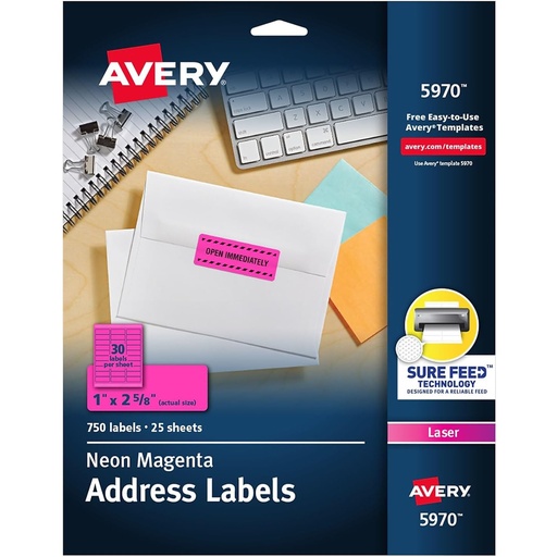 [5970 AVE] Neon Magenta 1" x 2 5/8" High-Visibility Labels Permanent Adhesive 750 Labels