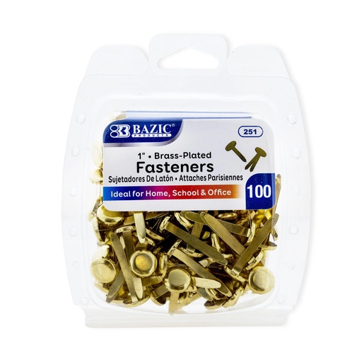 [251 BAZ] BAZIC® 1" Brass‑Plated Fasteners, Round Head, Length 1", Box of 100 fasteners