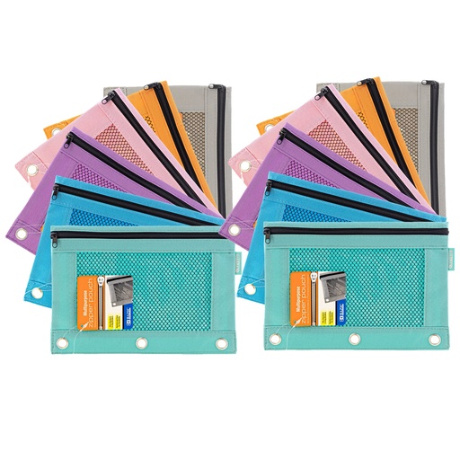 [810-12 BAZ] BAZIC® 3‑Ring Pencil Pouch with Mesh Window — Retro Pastels, 12‑Pack