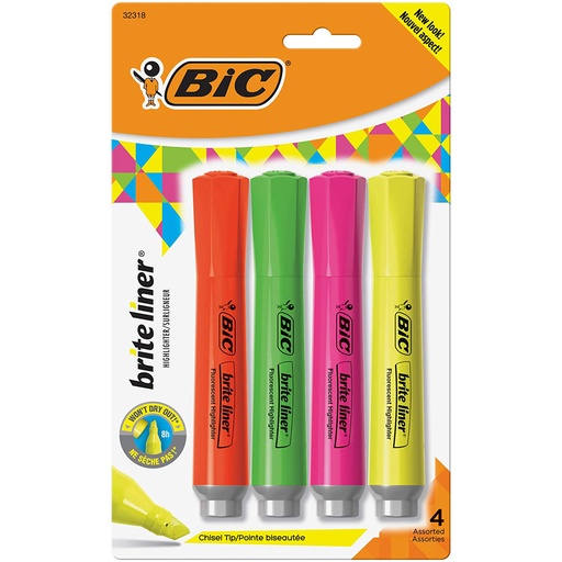 [BLMGP41ASST BIC] Chisel Tip Assorted Colors Brite Liner® Grip Tank Highlighter Pack of 4