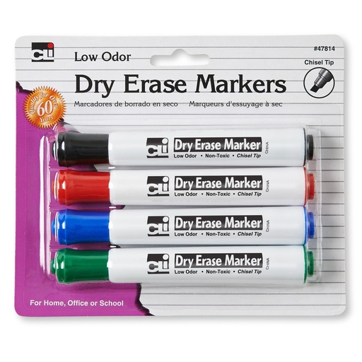 [47814 CLI] Assorted Low Odor Chisel Tip Barrel Style Dry Erase Markers Pack of 4
