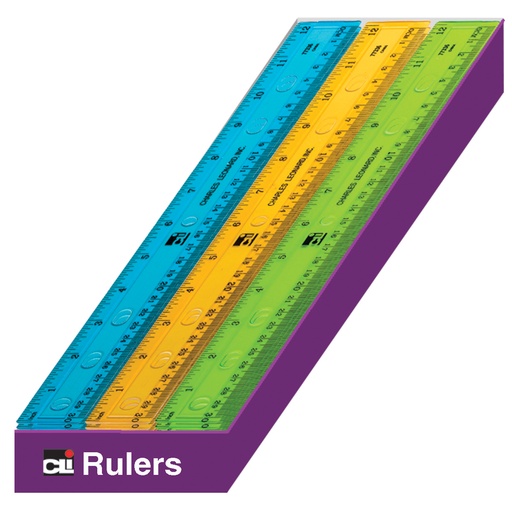 [80336ST CLI] Charles Leonard® 12" Plastic Rulers — Translucent, Imperial/Metric (36/Pk)