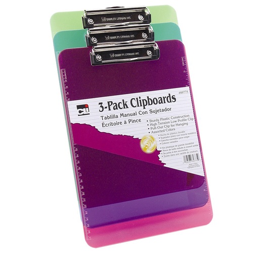 [89775 CLI] Assorted Neon Colors Translucent Letter Size Plastic Clipboards Pack of 3