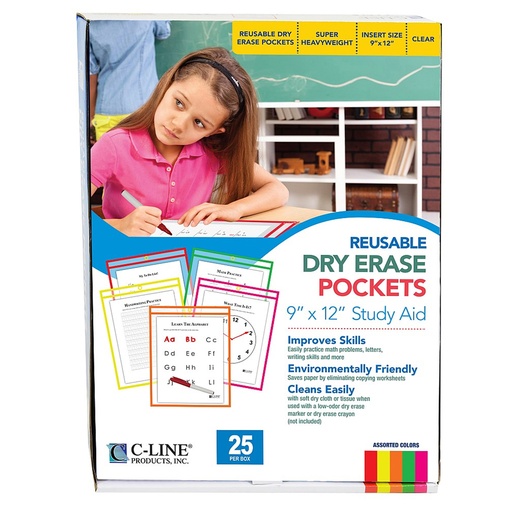 [40820 CL] Neon Colors Reusable 9 x 12 Dry Erase Pockets Pack of 25