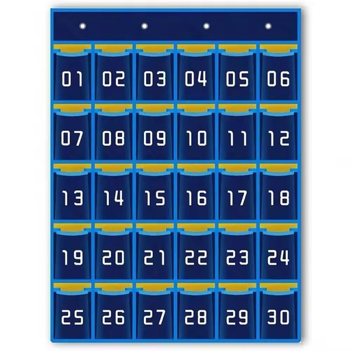 [PS3014 KOR] Kore Design® Hanging Cell Phone Pocket Storage Classroom Organizer, 30 Pockets (Blue/Yellow) — Door/wall device check‑in and classroom phone management