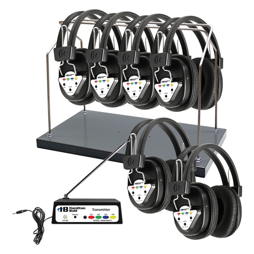 [HHW906MULTI HE] AudioFlow™ Wireless 6-Person Listening Center with Multi-Frequency Transmitter, Wireless Headphones & Rack
