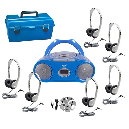 [LCPCD3856MS2L HE] 6-Station Listening Center with AudioAce™ Bluetooth® Boombox, 6 SchoolMate Personal-Sized Headphones, Jackbox & Carry Case