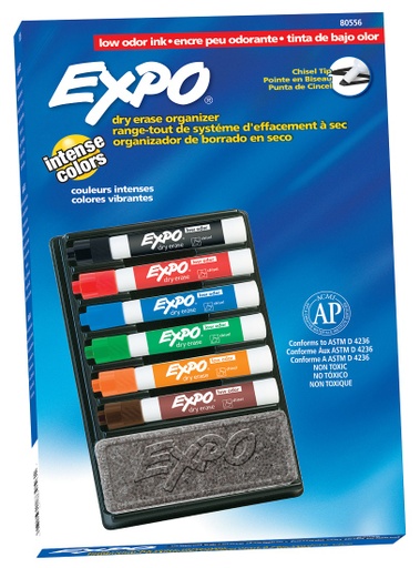 [80556 SAN] EXPO® Low‑Odor Organizer Kit — 6 Chisel Markers + Eraser & Tray