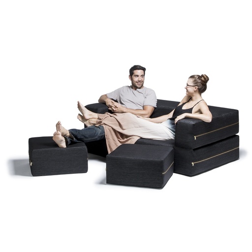 [16848-400 JAX] Black Zipline Denim Convertible Sleeper Loveseat & Two Ottomans