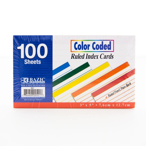 [521 BAZ] BAZIC Products® Ruled Color-Coded Index Cards, 3" x 5", 100 Ct — Ruled Index Cards