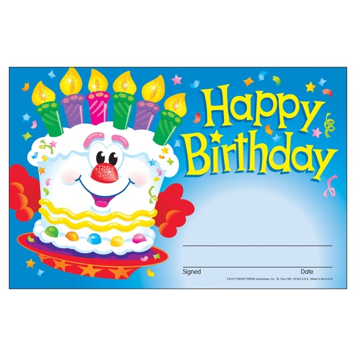 [81017 T] TREND® Happy Birthday Cake Recognition Awards — 30/Pack, 5.5" × 8.5"