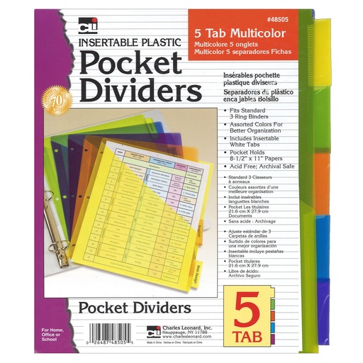 [48505ST CLI] Charles Leonard® 5‑Tab Poly Index Dividers with Pockets — Assorted, 5/Pack